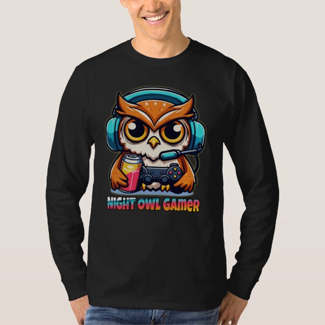 T-shirt Night Owl Gamer Mascot Fun Gaming Illustration (Devant)