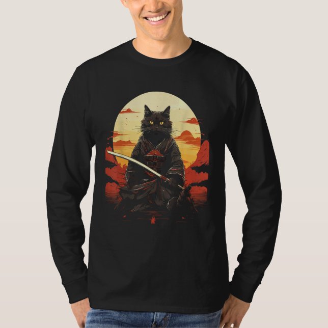 T-shirt Ninja Chat Samurai Épée Meow Guerrier (Devant)