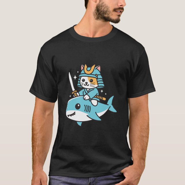 T-shirt Ninja Chat Samurai Riding Requin (Devant)