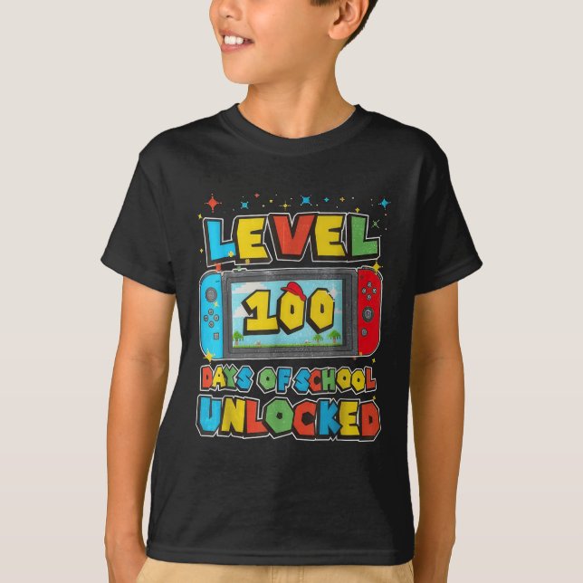 T-shirt Niveau 100 Jours De L'École Déverrouillé Jeu Pixel (Devant)