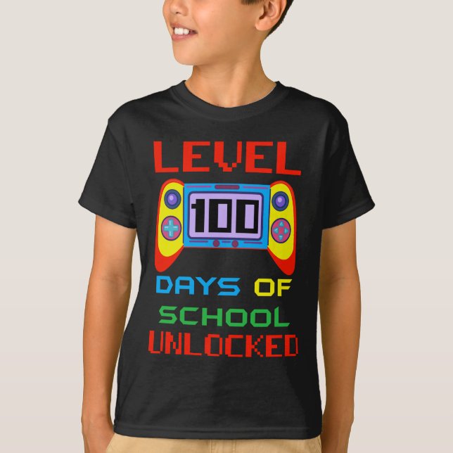 T-shirt Niveau 100 Jours de l'école Gamer déverrouillé Enf (Devant)