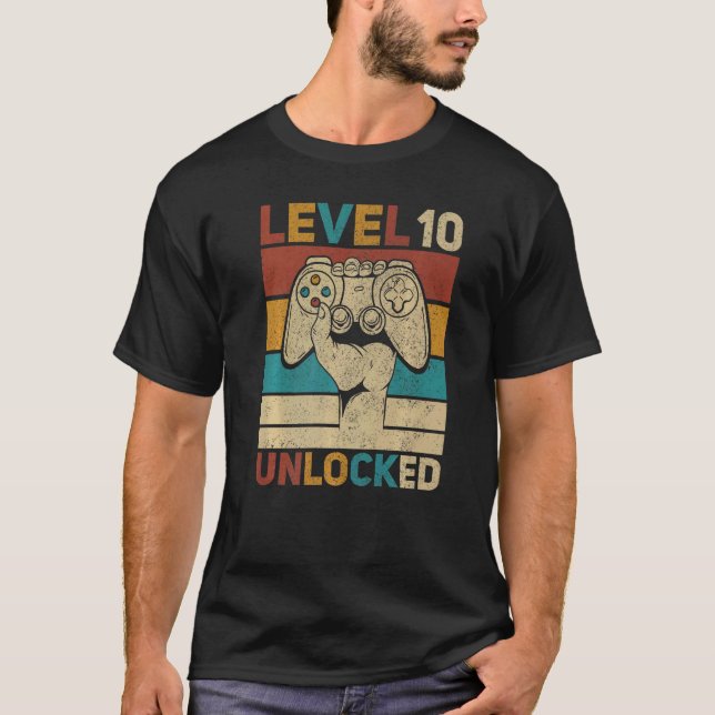 T-shirt Niveau 10 Ans Déverrouillé 10e Anniversaire Gamer  (Devant)