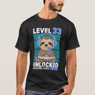 T-shirt Niveau 33 Débloqué Paresseux Vidéo Joueur 33e Anni