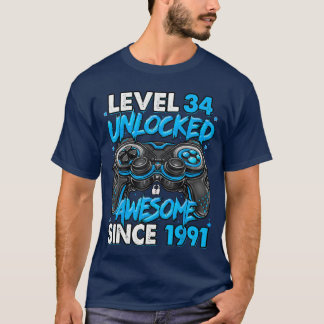 T-shirt Niveau 34 Débloqué Incroyable Depuis 1991 34e Anni