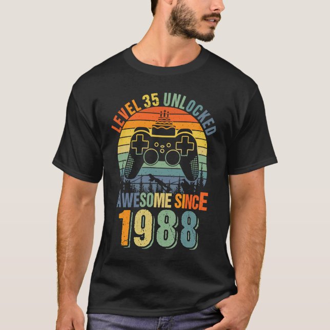 T-shirt Niveau 35 Déverrouillé 35e Anniversaire Joueur 198 (Devant)
