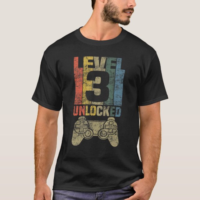 T-shirt Niveau 3 Jeu vidéo déverrouillé 3e anniversaire (Devant)
