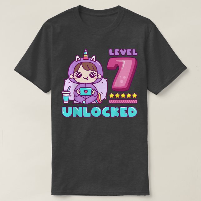 T-shirt Niveau 7 Déverrouillé, Unicorn Gamer Girl Annivers (Design devant)