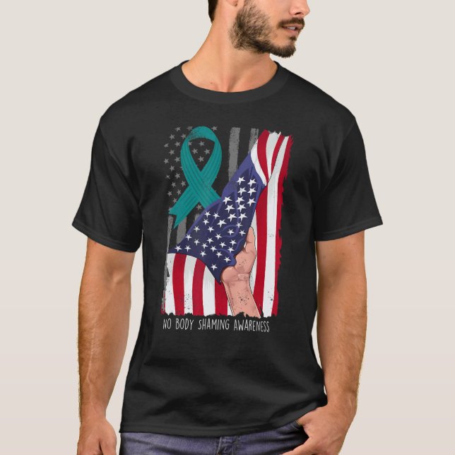 T-shirt No Body Shaming Shirt Awareness American Flag Teal (Devant)
