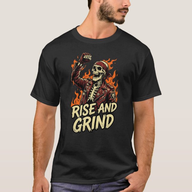 T-shirt No Guts No Glory Skull Biker Rise And Grind Fire (Devant)