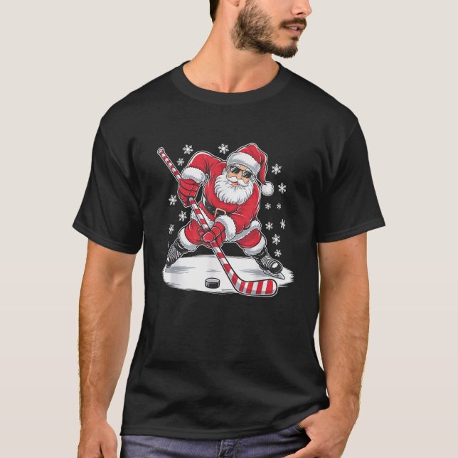T-shirt Noël amusant Père Noël Jouer de hockey sur glace N (Devant)