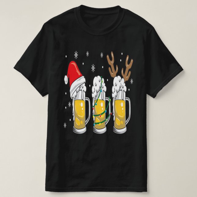 T-shirt Noël Beer Mugs Reinbeer Santa Hat Xmas Cadeau (Design devant)