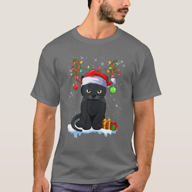 T-shirt Noël Black Cat Reindeer Antlers Funny Xmas Ca (Devant)