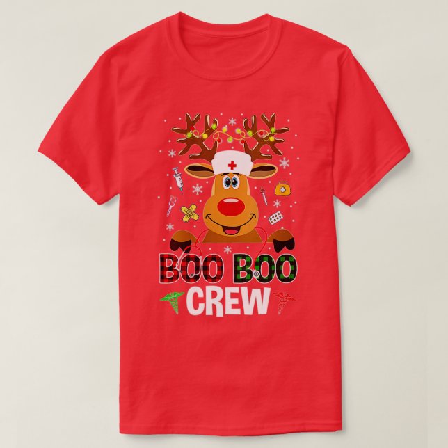 T-shirt Noël Boo Boo Crew Reindeer Nurse Buffalo Plai (Design devant)
