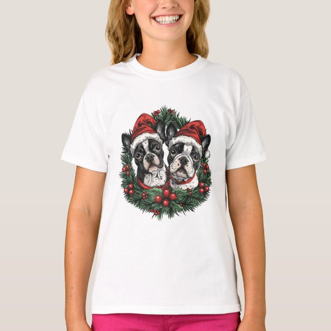 T-shirt Noël Boston Terrier Chiens de vacances Wreath (Devant)