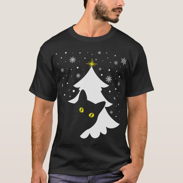 T-shirt Noël Chat noir Noël Arbre neige et étoiles (Devant)