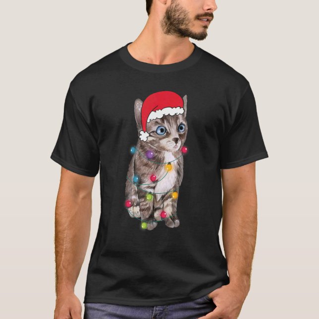 T-shirt Noël Chat Santa Hat Lights Noël (Devant)