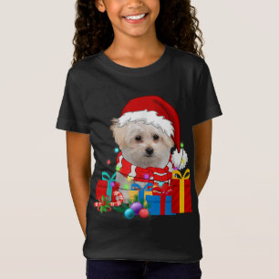 T-Shirt Noël Chien Maltais Jeu de Noël Lumières Santa Hat 