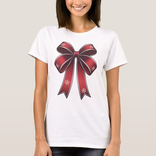 T-shirt Noël Coquette Bow rouge avec des flocons de neige (Devant)