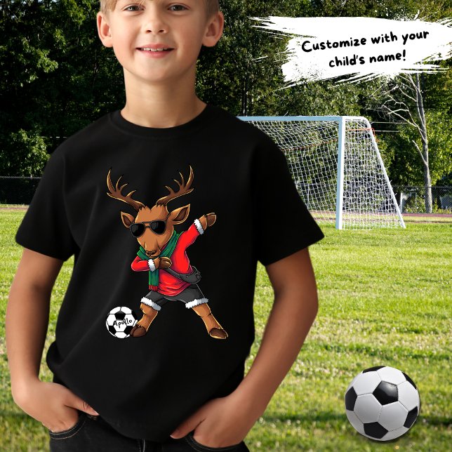 T-shirt Noël Dabbing Deer Soccer Ball & Nom de l'enfant (Créateur téléchargé)