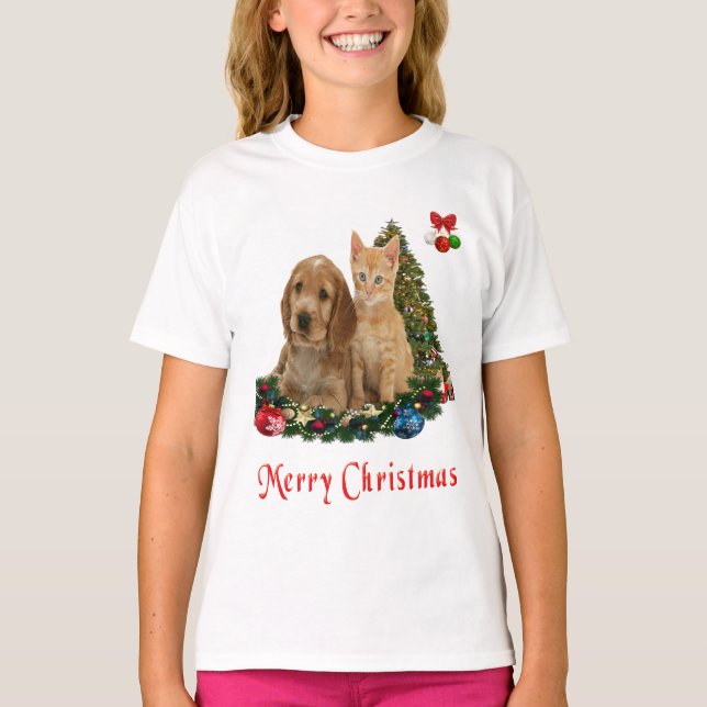 T-shirt Noël de chiots et de chatons  (Devant)
