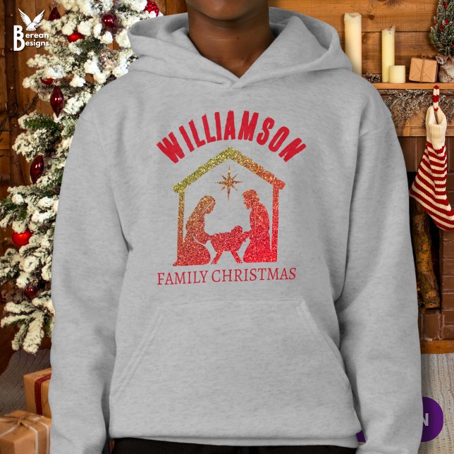 T-Shirt Noël de la famille chrétienne personnalisée (Personalized Christmas Family hoodie with glitter nativity design.)