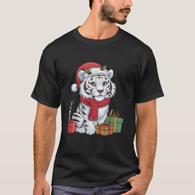 T-shirt Noël de Noël de Noël de Père Noël White Tiger (Devant)