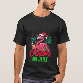 T-shirt Noël des femmes en juillet Flamant rose Santa Hat 
