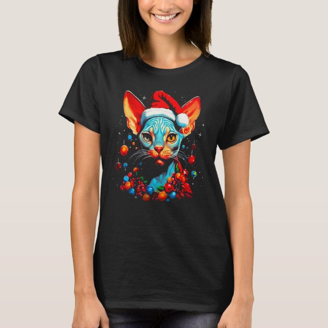 T-shirt Noël du chat sans cheveux Sphynx (Devant)