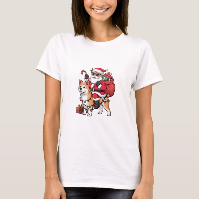 T-shirt Noël Éclairage Père Noël équitation Akita Inu Chie (Devant)