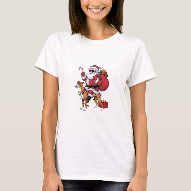 T-shirt Noël Éclairage Père Noël équitation Greyhound Chie (Devant)