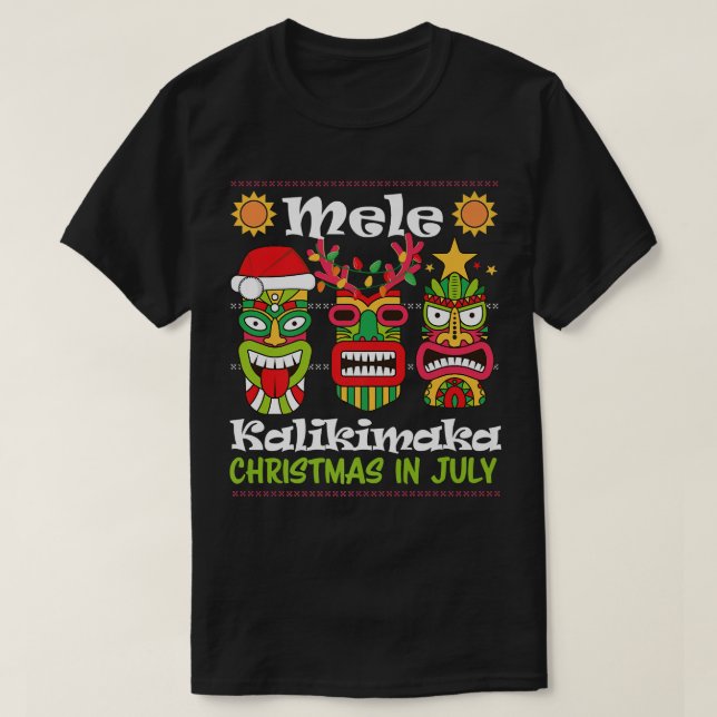 T-shirt Noël En Juillet Père Noël Hawaïen Tiki Mele Kaliki (Design devant)