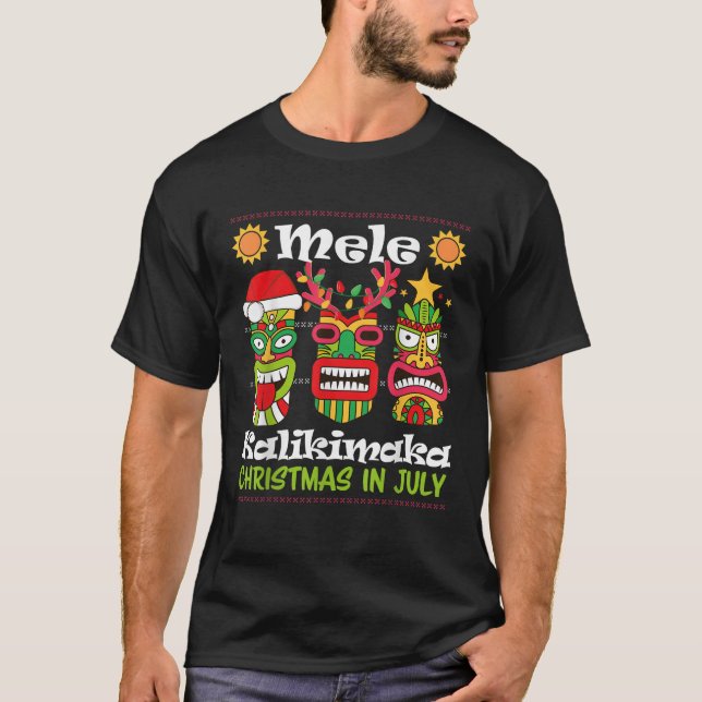 T-shirt Noël En Juillet Père Noël Hawaïen Tiki Mele Kaliki (Devant)