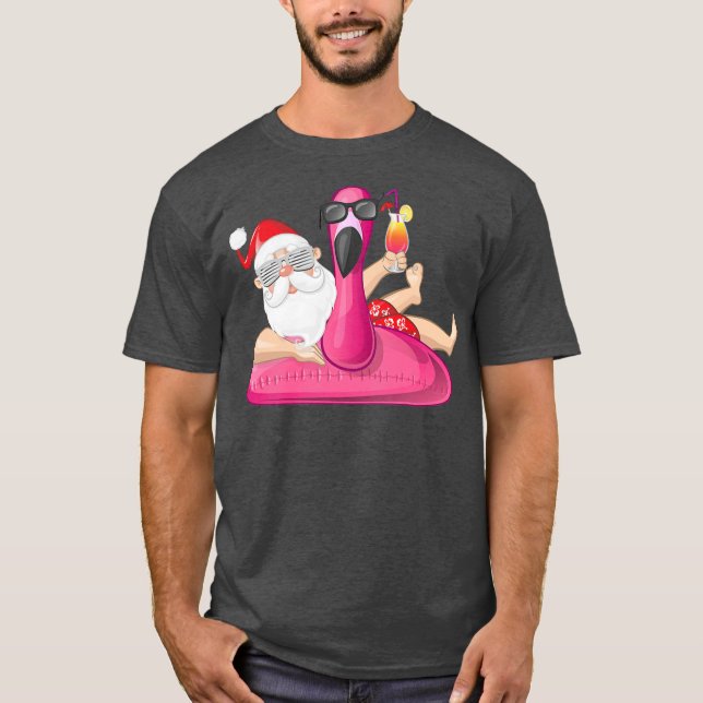 T-shirt Noël en juillet Père Noël Hawaii Flamant rose été (Devant)