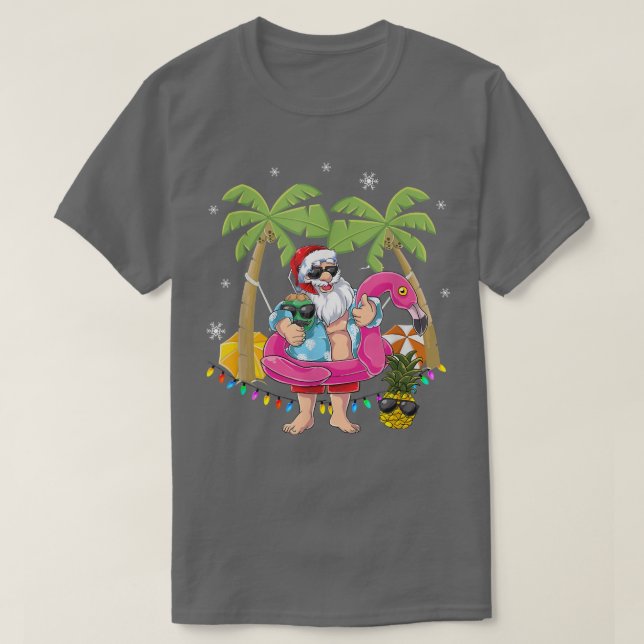 T-shirt Noël en juillet Père Noël hawaii Flamant rose lune (Design devant)