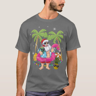 T-shirt Noël en juillet Père Noël hawaii Flamant rose lune