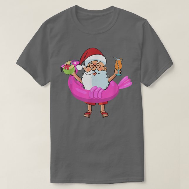 T-shirt Noël en juillet Père Noël Hawaii Flamant rose lune (Design devant)