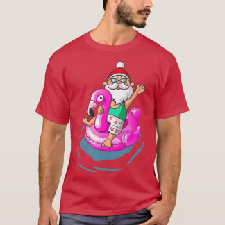 T-shirt Noël en juillet Père Noël Hawaii flamingo été S