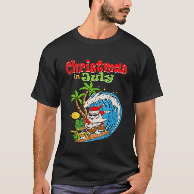 T-shirt Noël en juillet Père Noël Hawaiian Summer Surf Sur (Devant)
