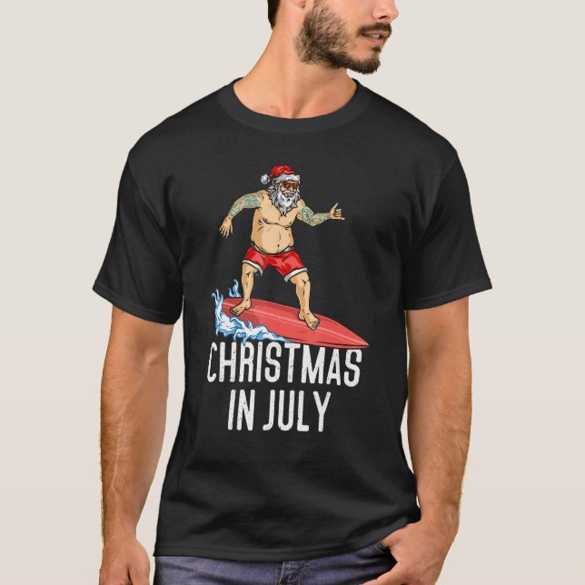 T-shirt Noël En Juillet Père Noël Surf D'Été Surf Surfe (Devant)