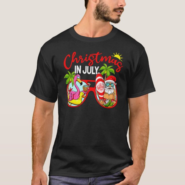 T-shirt Noël En Juillet Père Noël Verres Flamant rose Surf (Devant)
