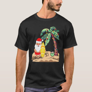 T-shirt Noël en juillet Santa tenant un surfeur sur les Tr