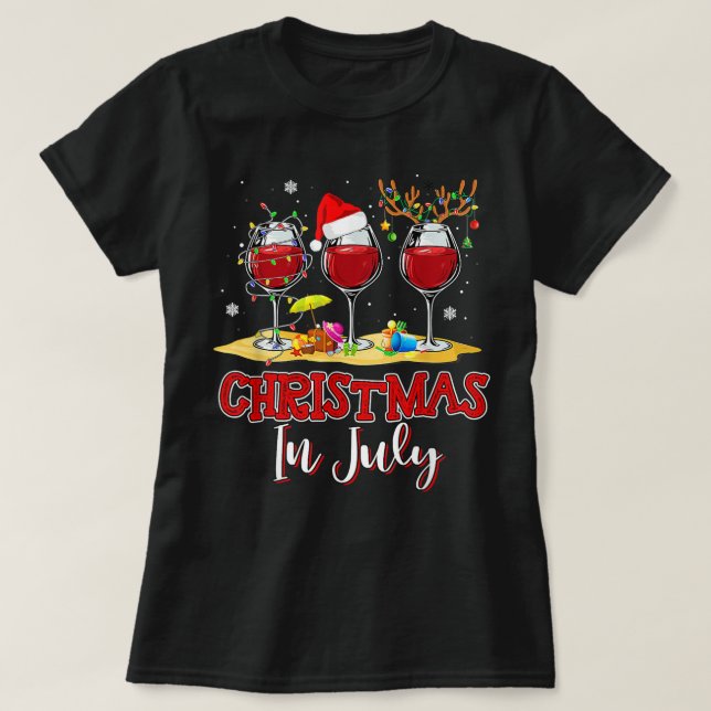 T-shirt Noël en Juillet Trois Verre de Vin Rouge Été 2 (Design devant)