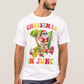 T-shirt Noël En Juin Drôle Père Noël Flamant rose Été Vaca