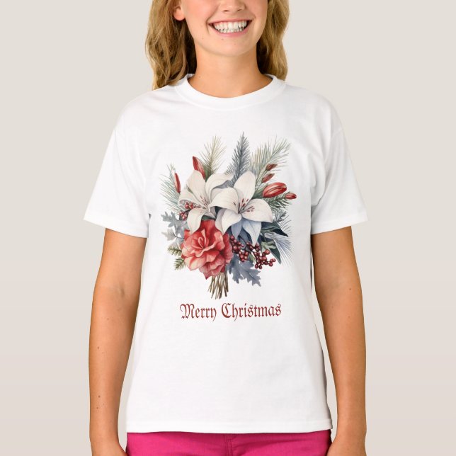 T-shirt Noël Fleurs Blanches Rouges Fêtes Élégant (Devant)
