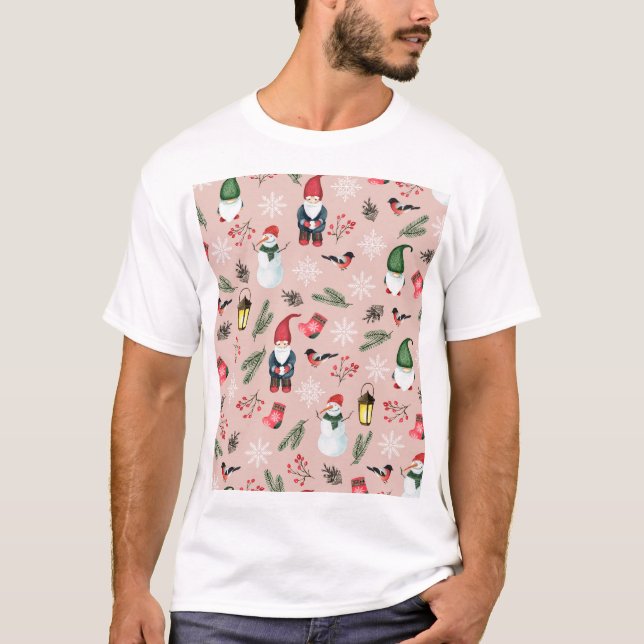 T-shirt Noël Gnomes Aquarelle Motif sans coutures (Devant)