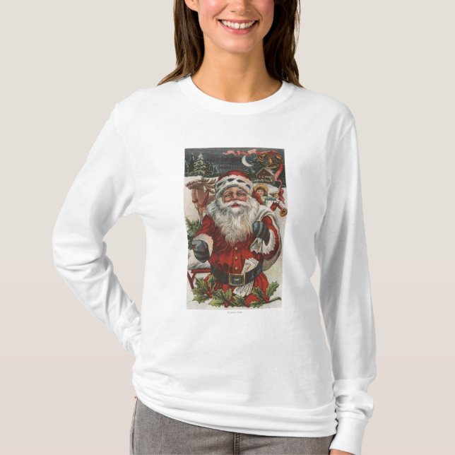 T-shirt Noël GreetingSanta avec des cerfs communs et des (Devant)