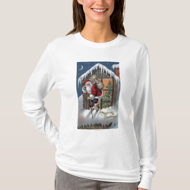 T-shirt Noël GreetingSanta montant la fenêtre (Devant)