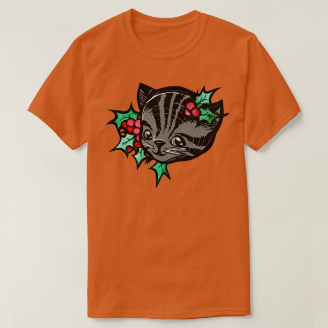T-shirt Noël Holly Grey Tiger Strier Tabby Chat (Design devant)