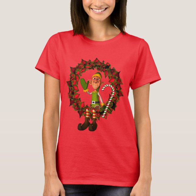 T-shirt Noël Homme Elfe Sur Wreath Mignonne Holiday (Devant)