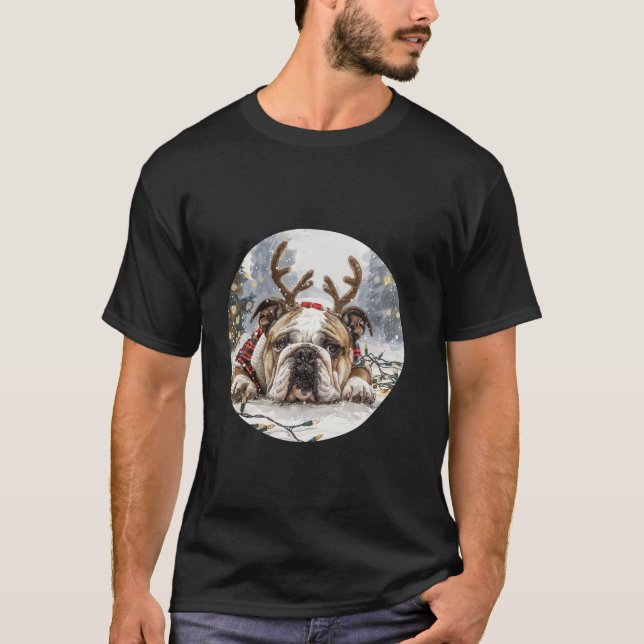 T-shirt Noël mignon Français Chien de rennes de taureau Ch (Devant)